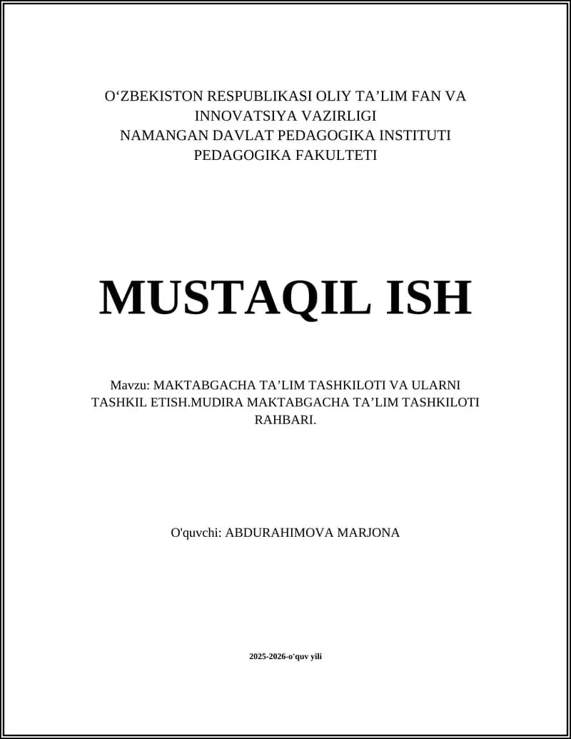 Maktabgacha Ta'lim Tashkiloti va Ularni Tashkil Etish