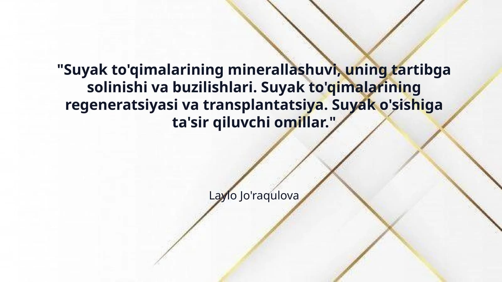 "Suyak to'qimalarining minerallashuvi, uning tartibga solinishi va buzilishlari. Suyak to'qimalarining regeneratsiyasi va transplantatsiya. Suyak o'sishiga ta'sir qiluvchi omillar."