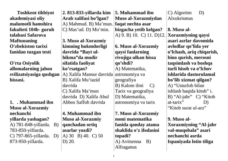 O'zbekiston tarixi fanidan tuzilgan test