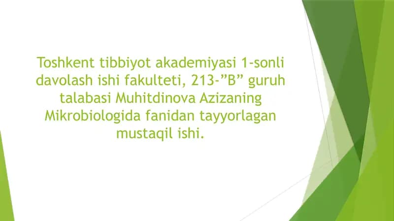 Toshkent Tibbiyot Akademiyasi 1-sonli Davolash Ishi Fakulteti talabasining mustaqil ishi