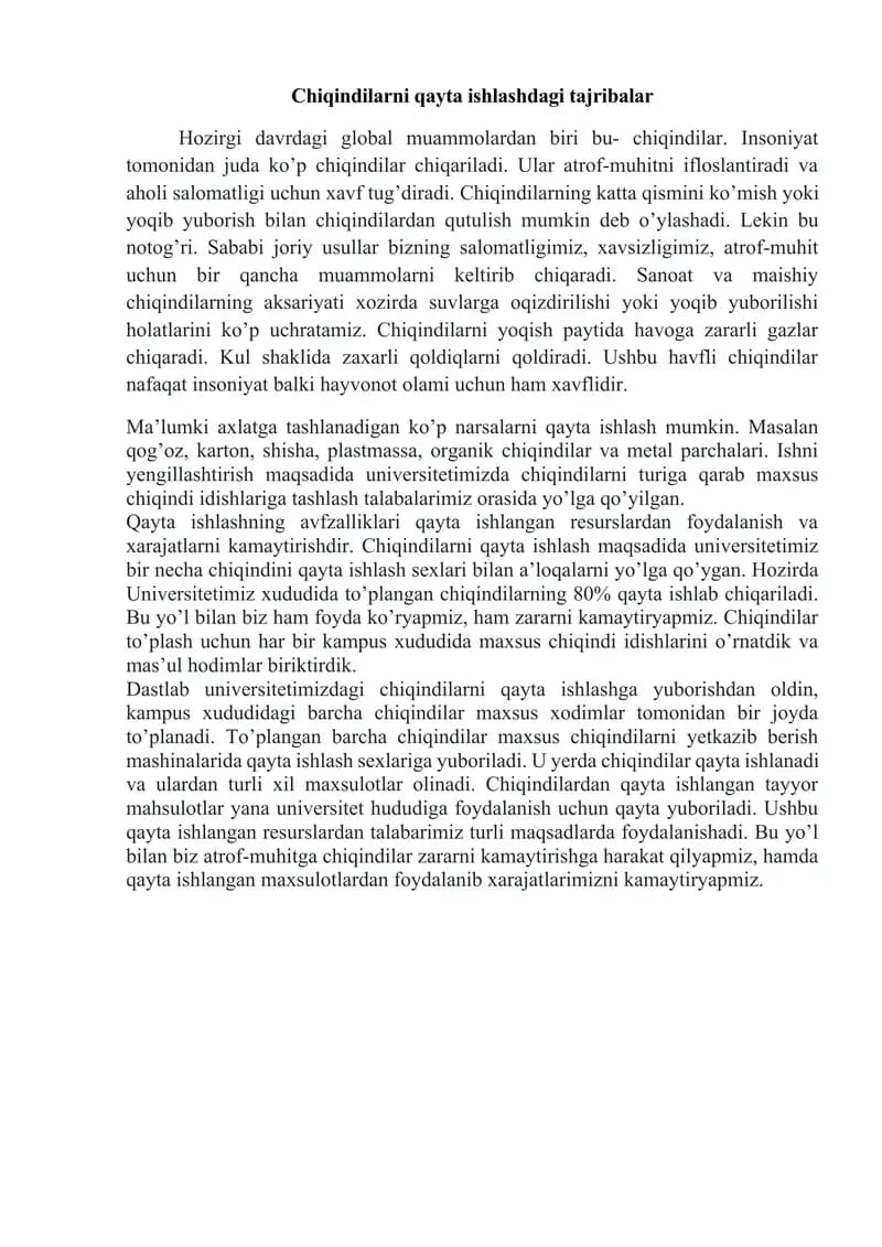 Chiqindilarni qayta ishlashdagi tajribalar