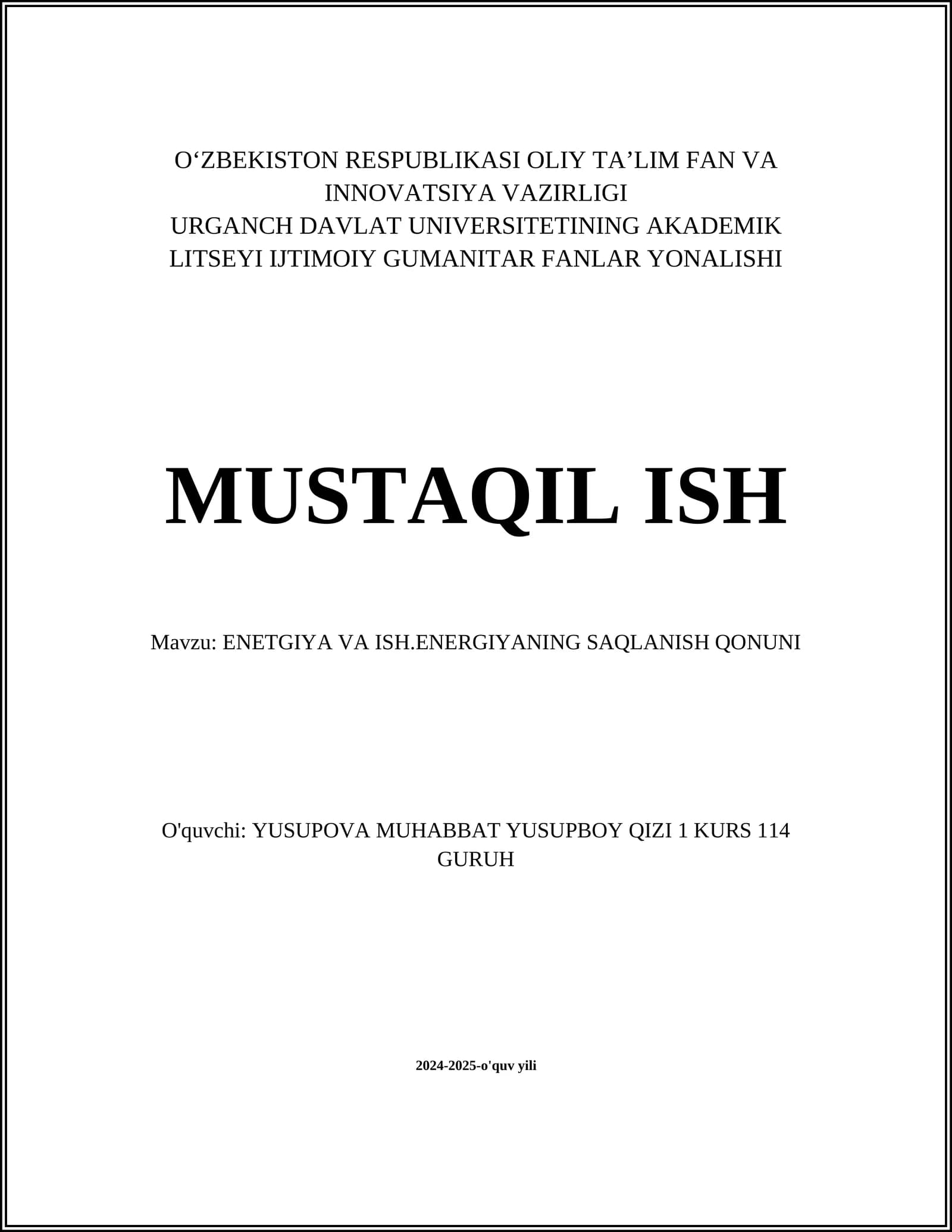 ENERGIYA VA ISH.ENERGIYANING SAQLANISH QONUNI