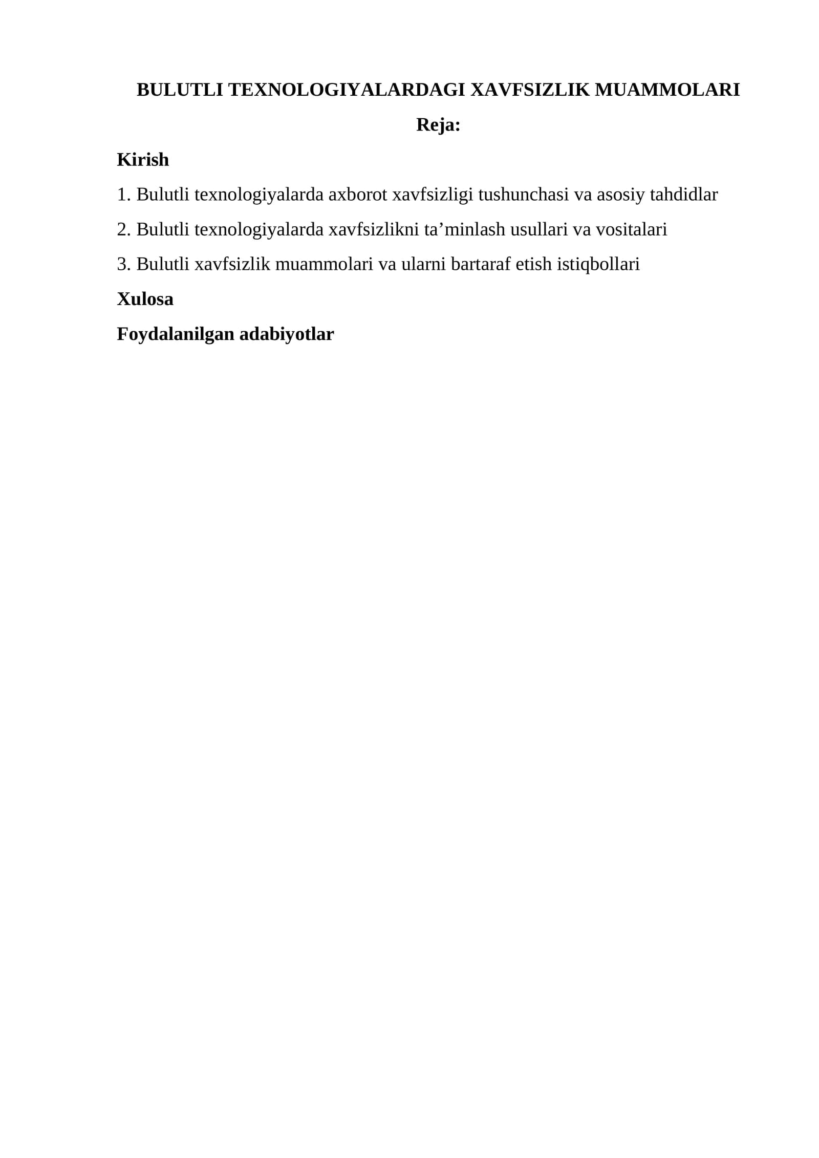 BULUTLI TEXNOLOGIYALARDAGI XAVFSIZLIK MUAMMOLARI