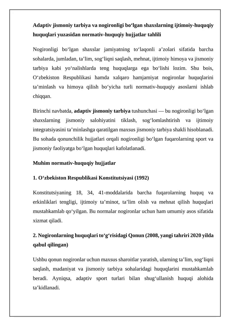 Adaptiv jismoniy tarbiya va nogironligi bo‘lgan shaxslarning ijtimoiy-huquqiy huquqlari yuzasidan normativ-huquqiy hujjatlar tahlili
