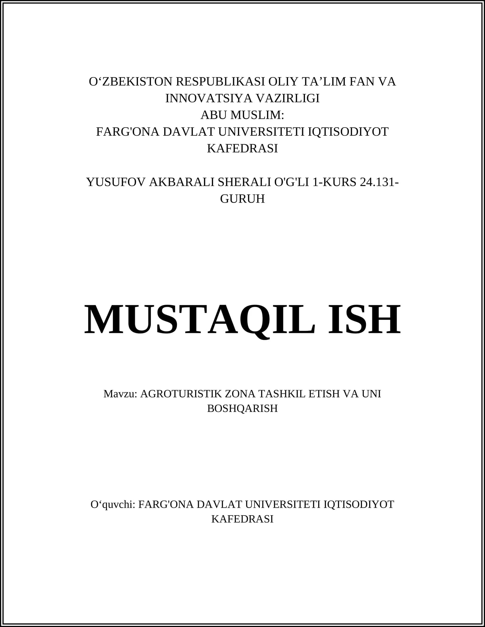 AGROTURISTIK ZONA TASHKIL ETISH VA UNI BOSHQARISH