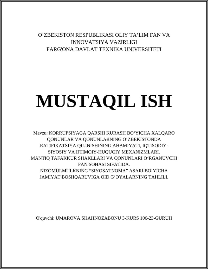 Korrupsiyaga qarshi kurash bo‘yicha xalqaro qonunlar va qonunlarning O‘zbekistonda ratifikatsiya qilinishining ahamiyati