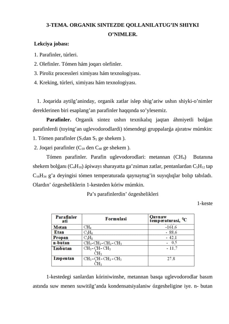 3-TEMA. ORGANIK SINTEZDE QOLLANILATUG’IN SHIYKI O’NIMLER