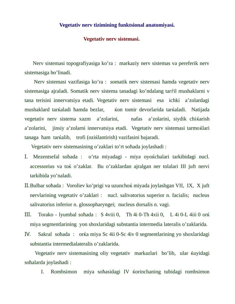 Vegetativ nerv tizimining funktsional anatomiyasi
