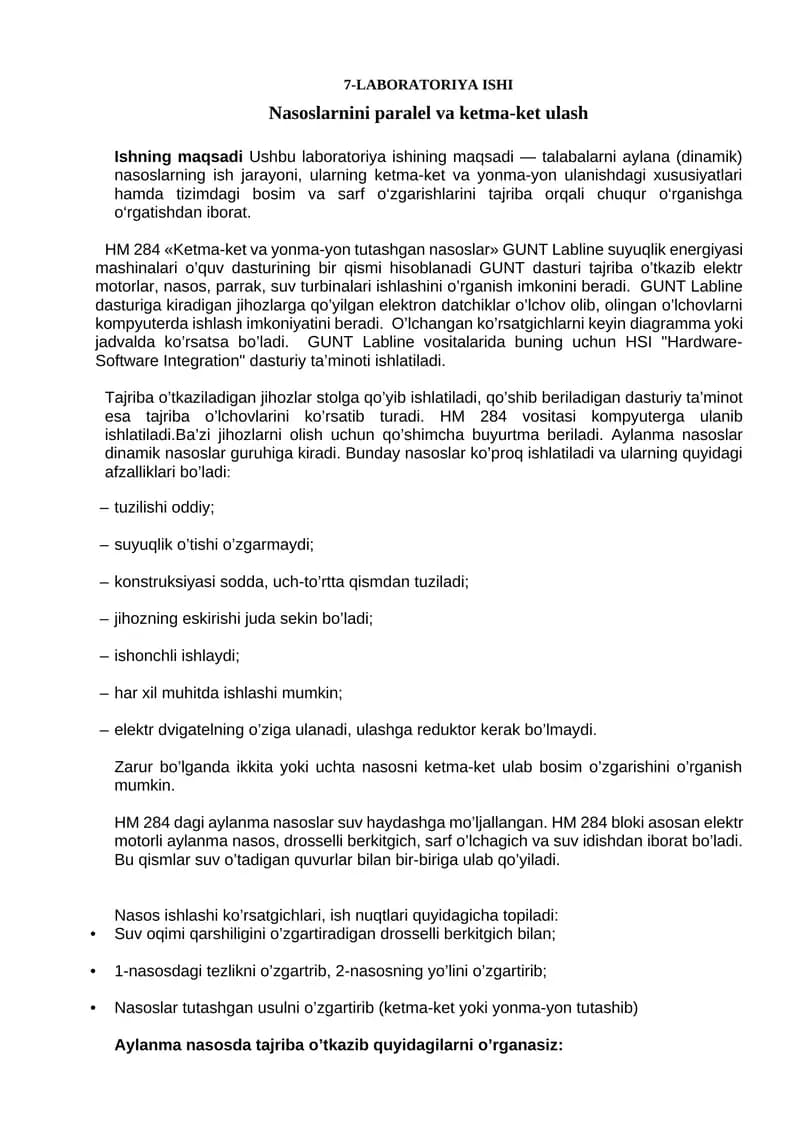 Nasoslarnini paralel va ketma-ket ulash