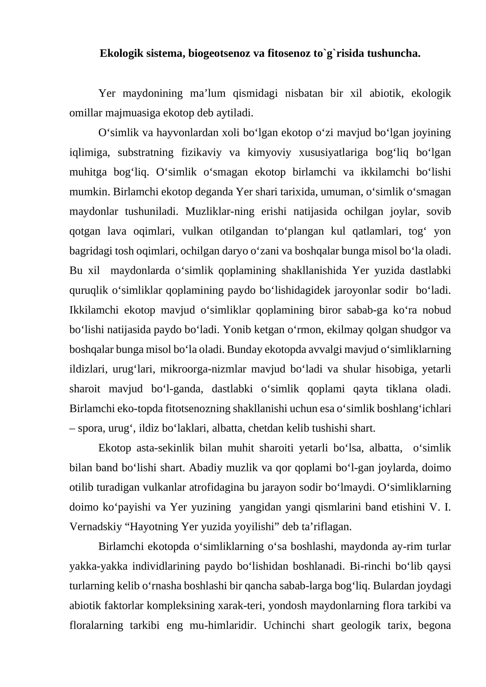 Ekologik sistema, biogeotsenoz va fitosenoz to`g`risida tushuncha