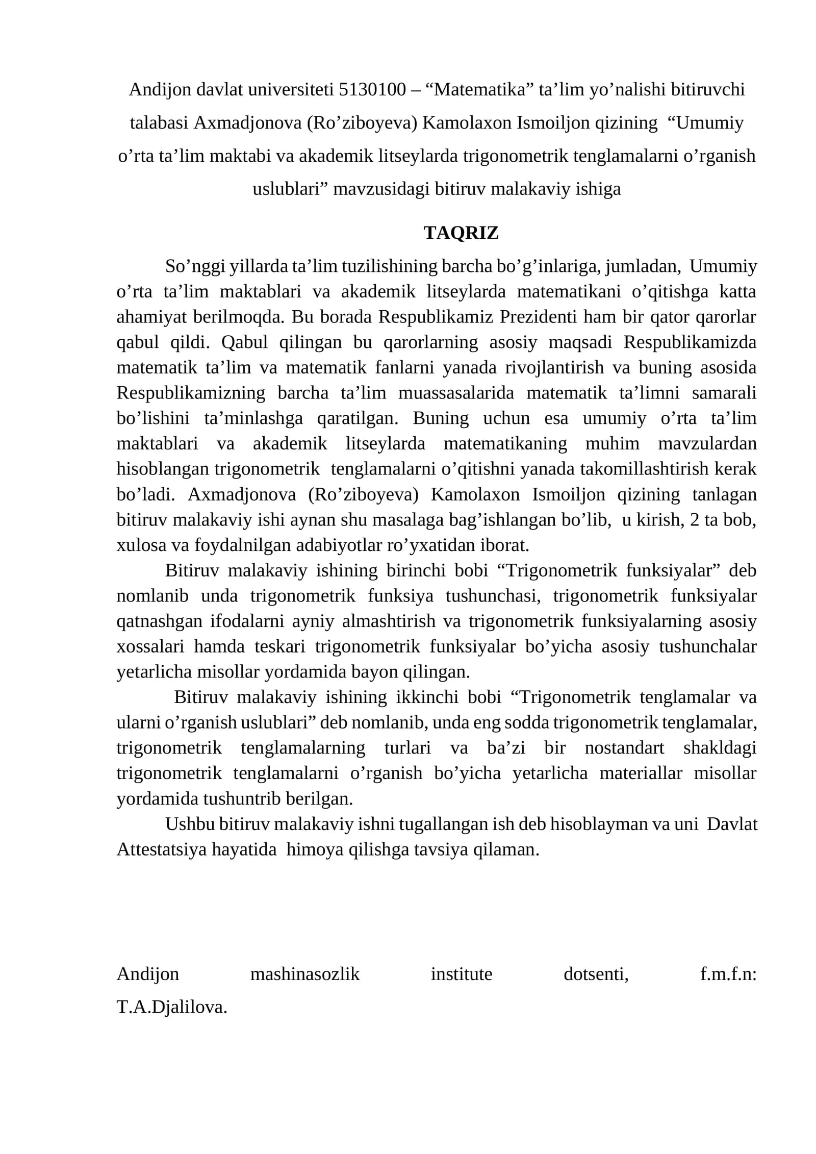 Umumiy o'rta ta'lim maktabi va akademik litseylarda trigonometrik tenglamalarni o'rganish uslublari