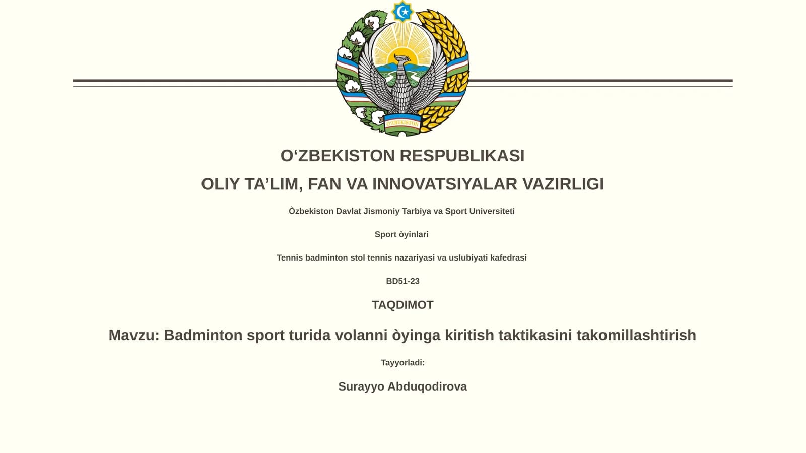 Badminton sport turida volanni òyinga kiritish taktikasini takomillashtirish