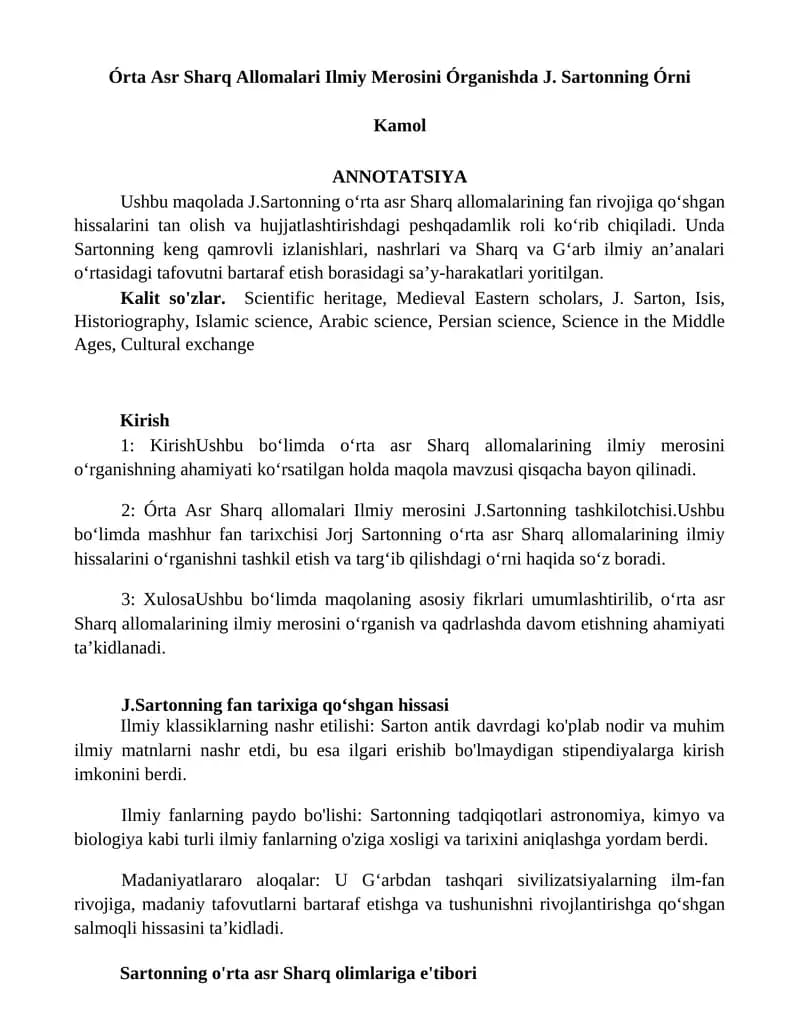 Órta Asr Sharq Allomalari Ilmiy Merosini Órganishda J. Sartonning Órni
