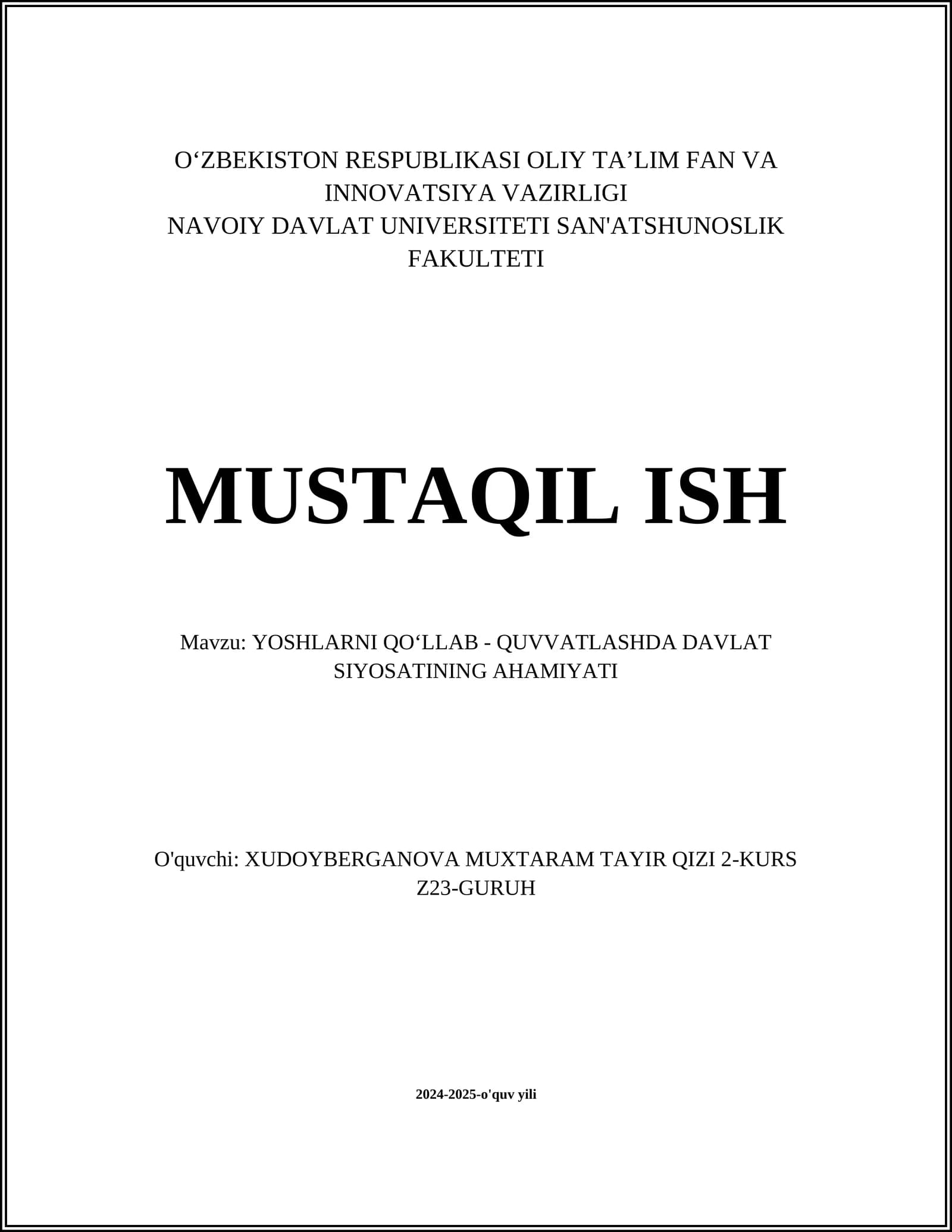 YOSHLARNI QOʻLLAB - QUVVATLASHDA DAVLAT SIYOSATINING AHAMIYATI