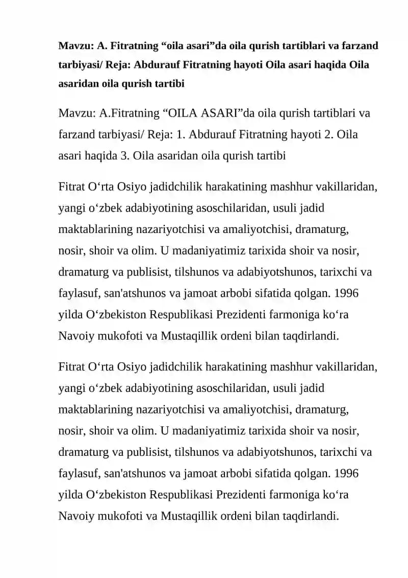 A.Fitratning “OILA ASARI”da oila qurish tartiblari va farzand tarbiyasi