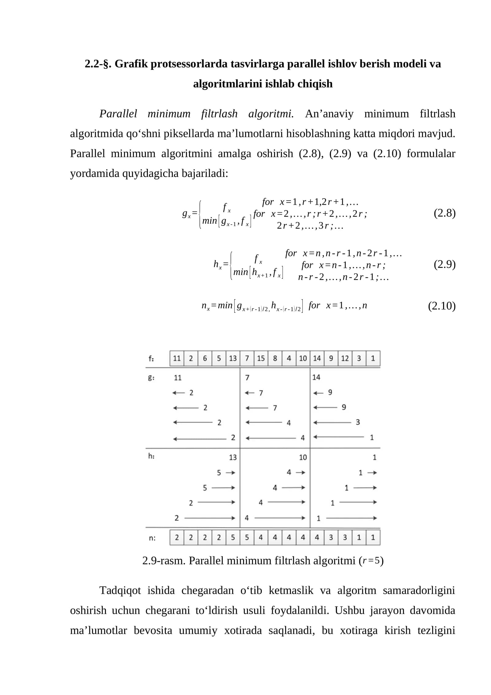 Parallel minimum filtrlash algoritmi
