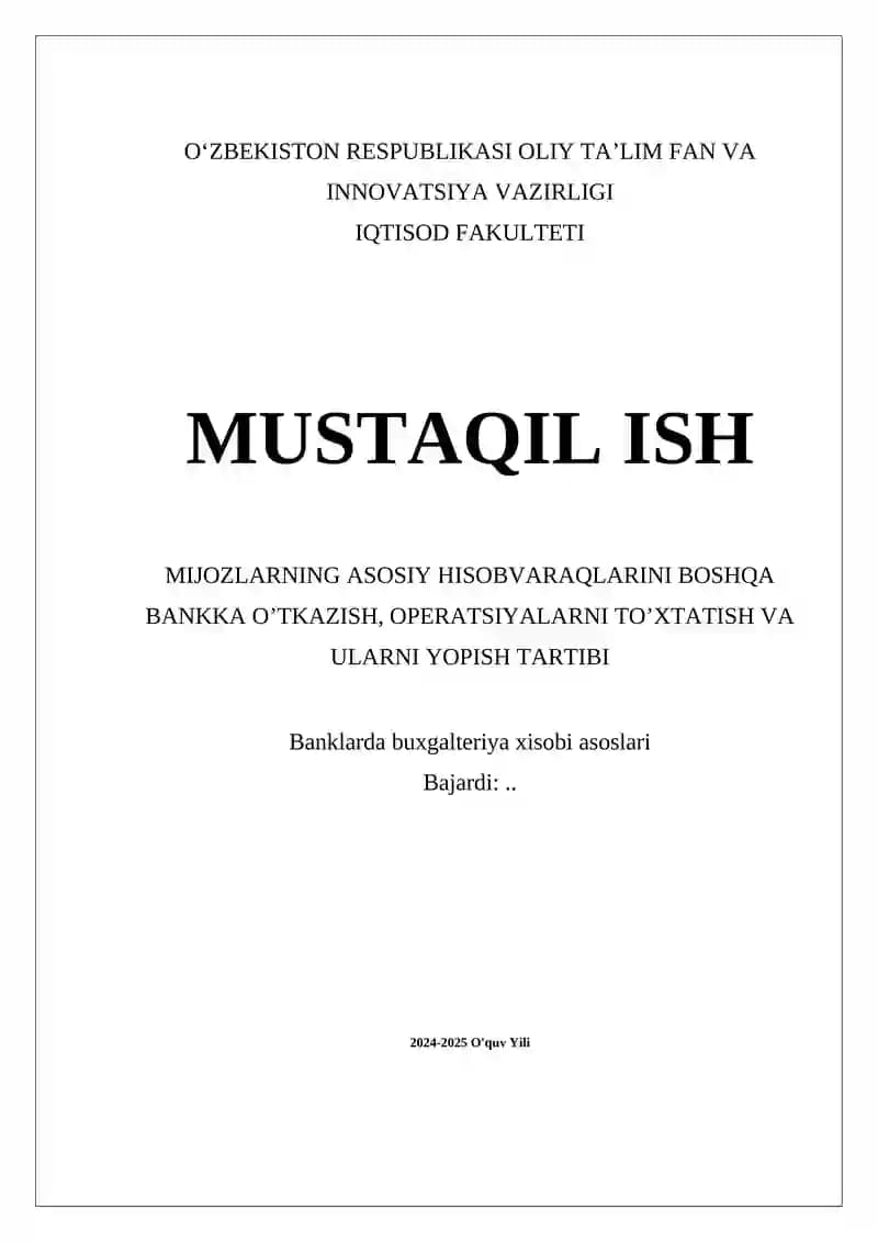 Mijozlar hisobvaraqlarini o’tkazish jarayonlari
