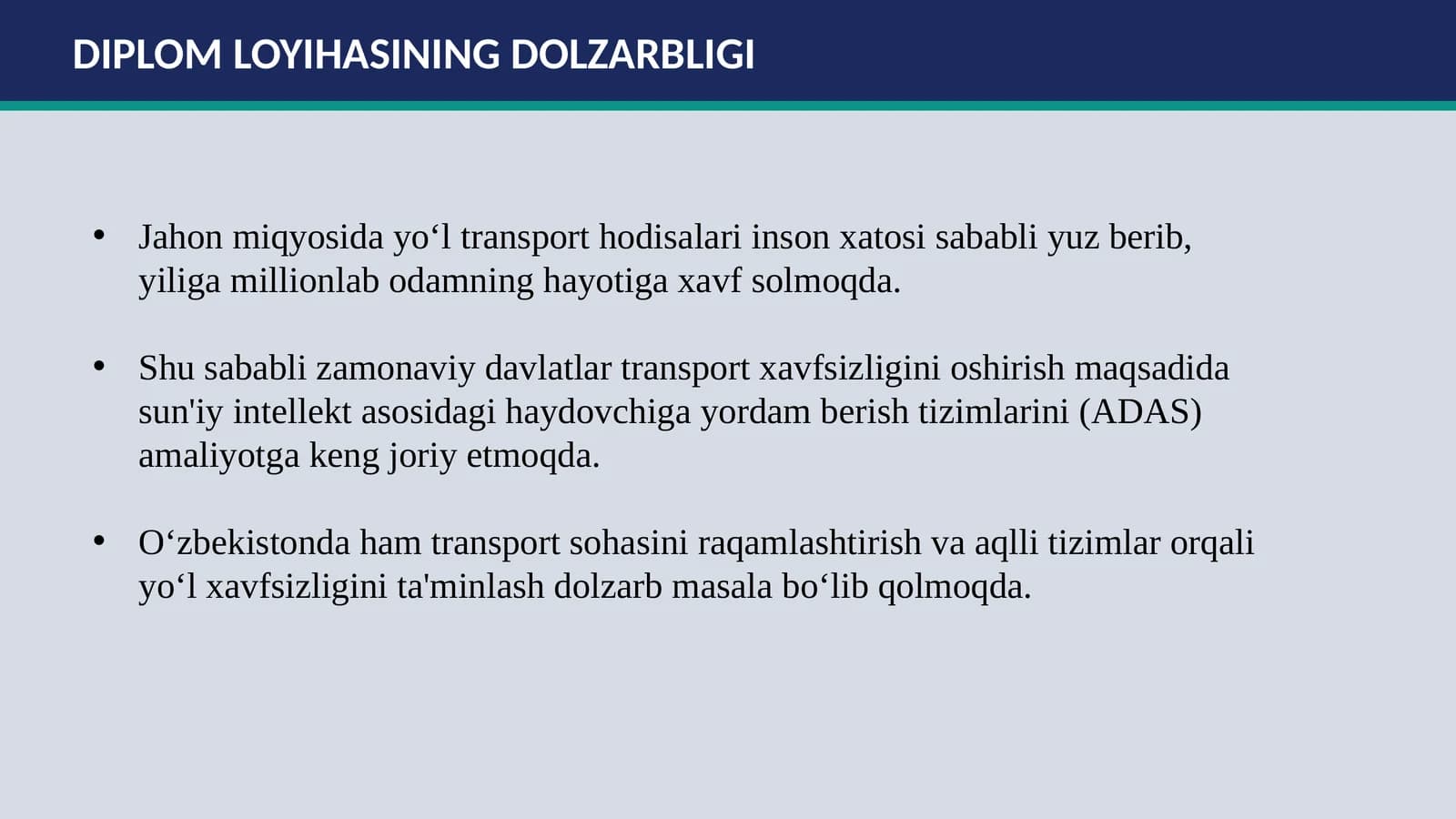 Sun’iy intellekt asosida yo‘l harakati obyektlarini aniqlash va haydovchi uchun aqlli tavsiya tizimini ishlab chiqish diplom loyiha slaydi