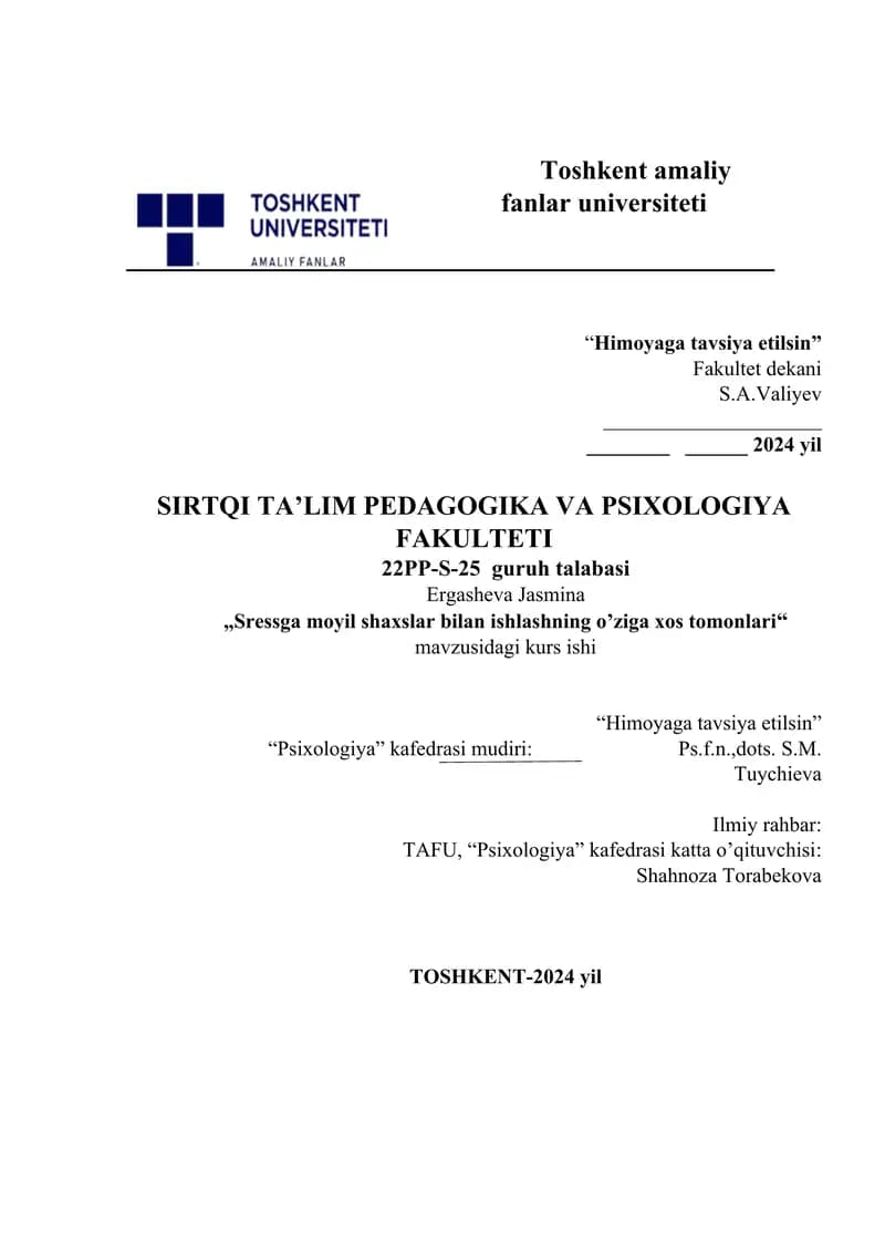 Stressga moyil shaxslar bilan ishlashning o'ziga xos tomonlari.