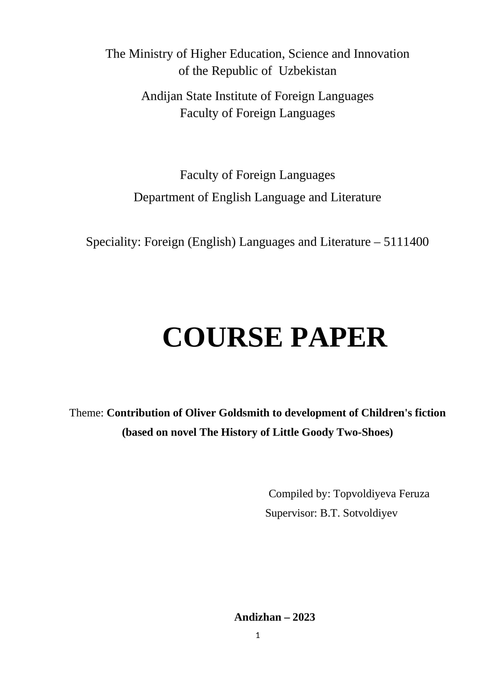 Course Paper: Contribution of Oliver Goldsmith to development of Children's fiction