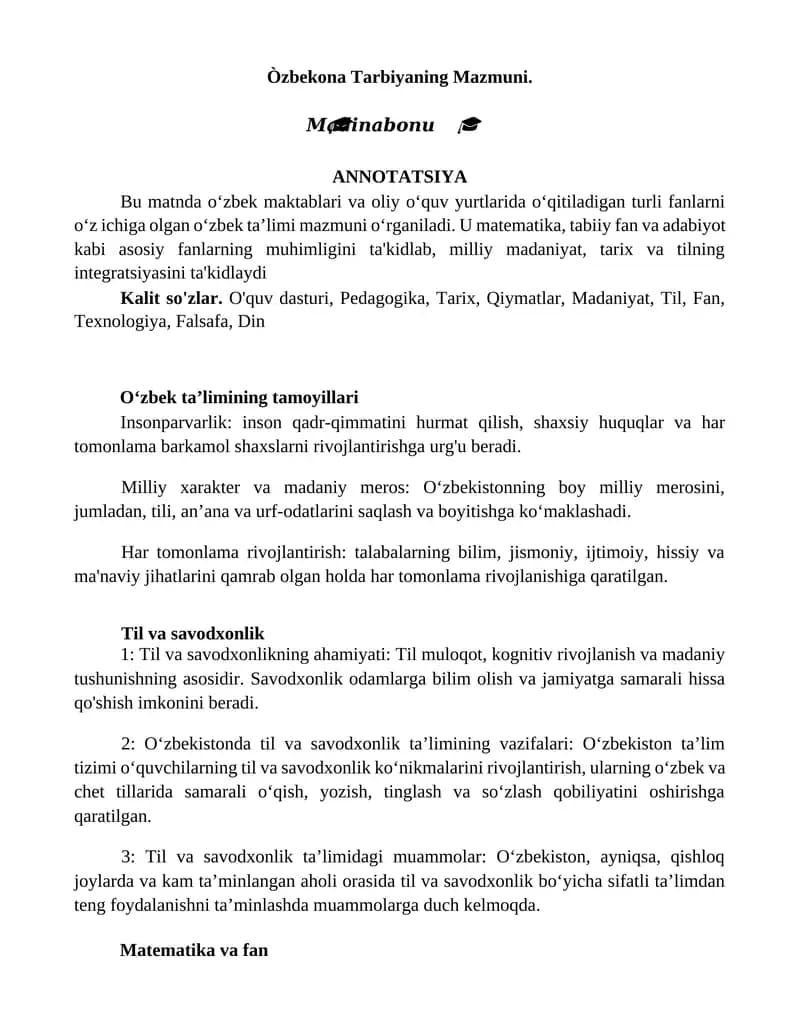 Òzbekona Tarbiyaning Mazmuni