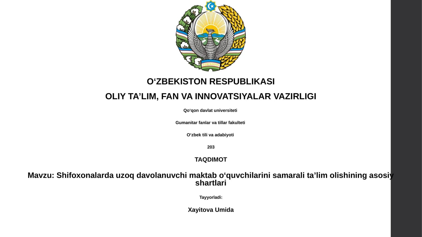 Shifoxonalarda uzoq davolanuvchi maktab oʻquvchilarini samarali taʼlim olishining asosiy shartlari