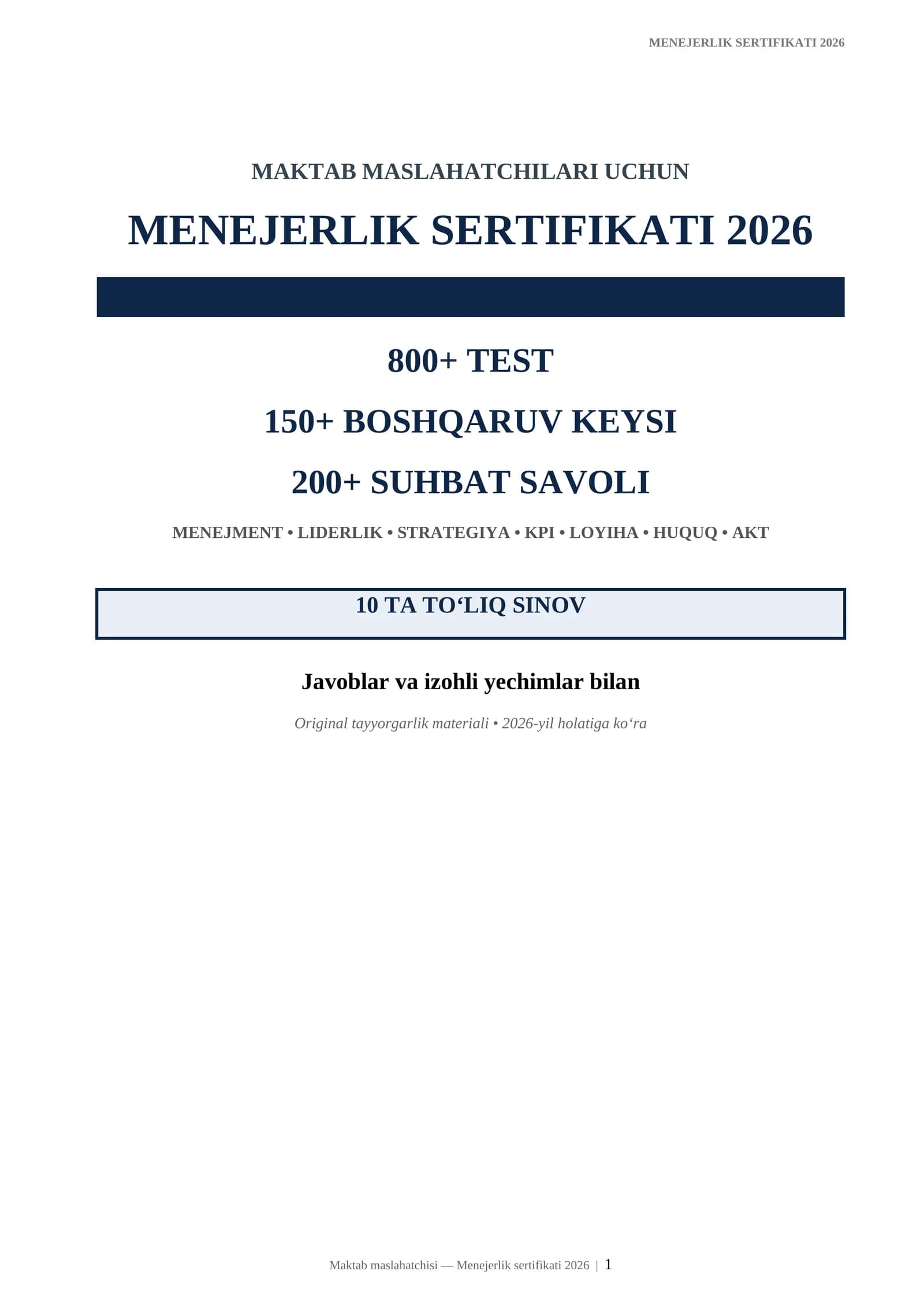 Maktab maslahatchilari uchun Menejerlik sertifikati 2026 | 800+ test + 150+ keys + 200 suhbat savoli