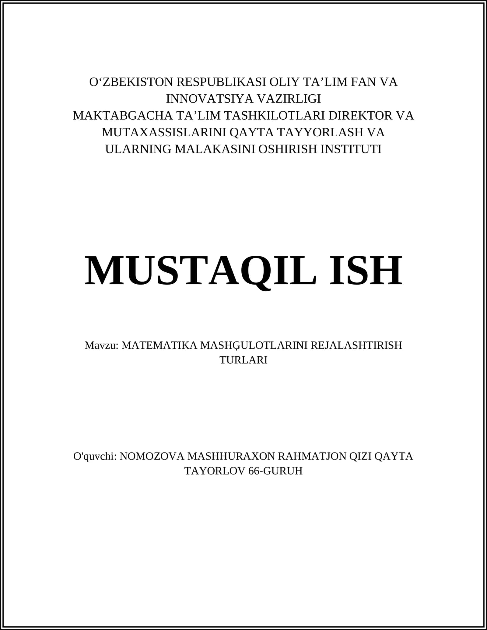 MATEMATIKA MASHĢULOTLARINI REJALASHTIRISH TURLARI