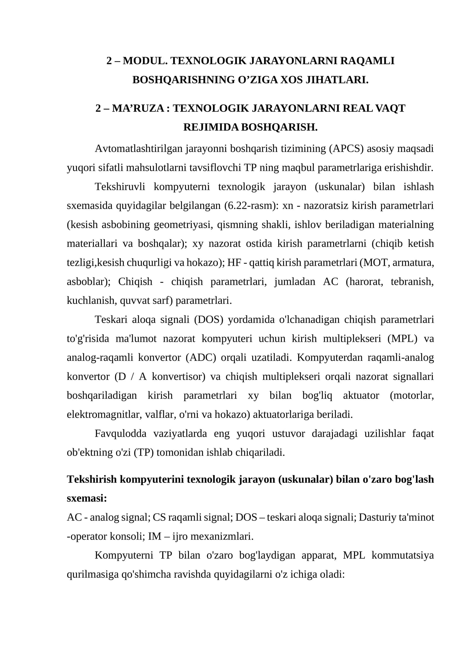 Modul. Texnologik jarayonlarni raqamli boshqarishning o’ziga xos jihatlari