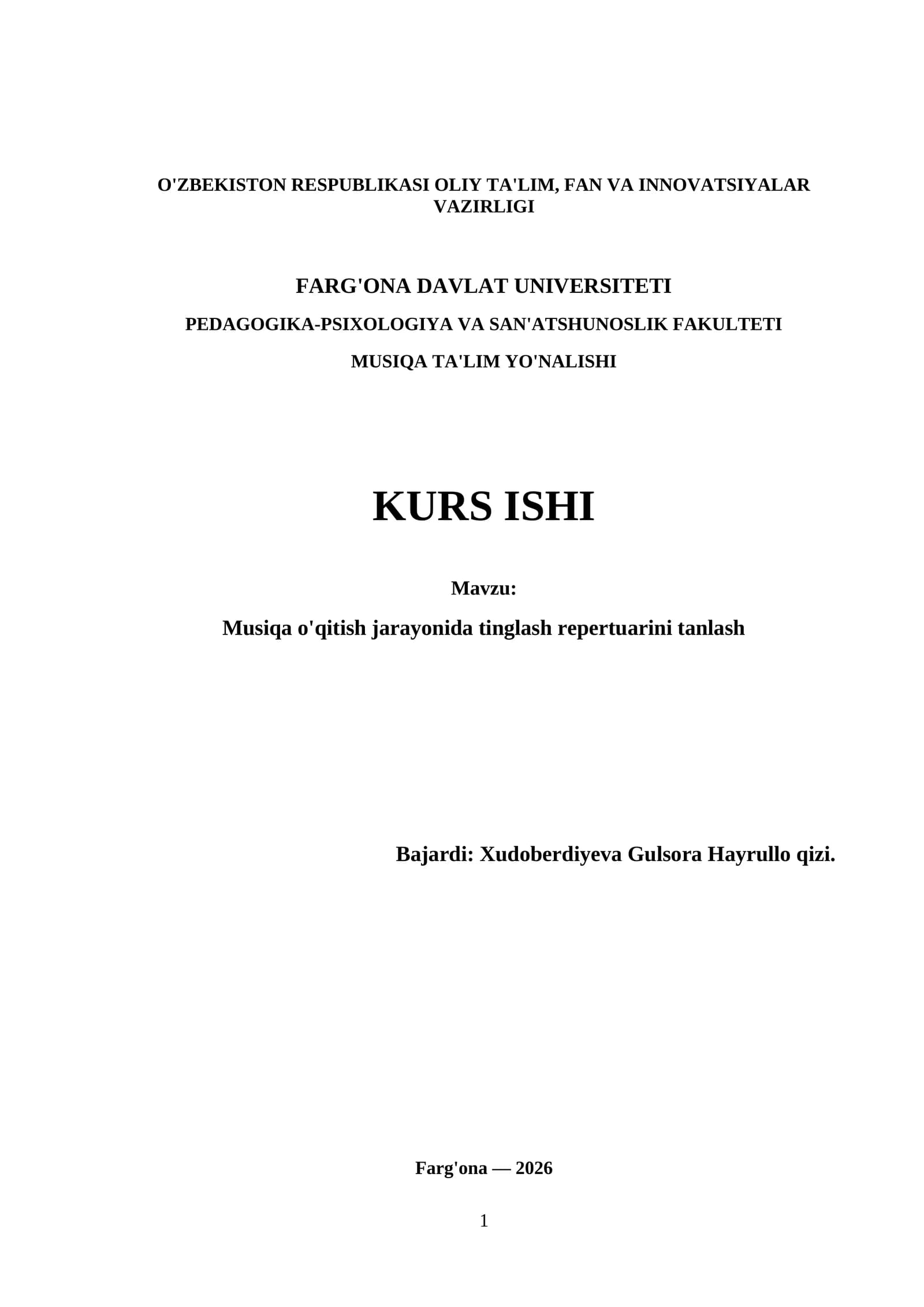 Musiqa o'qitish jarayonida tinglash repertuarini tanlash