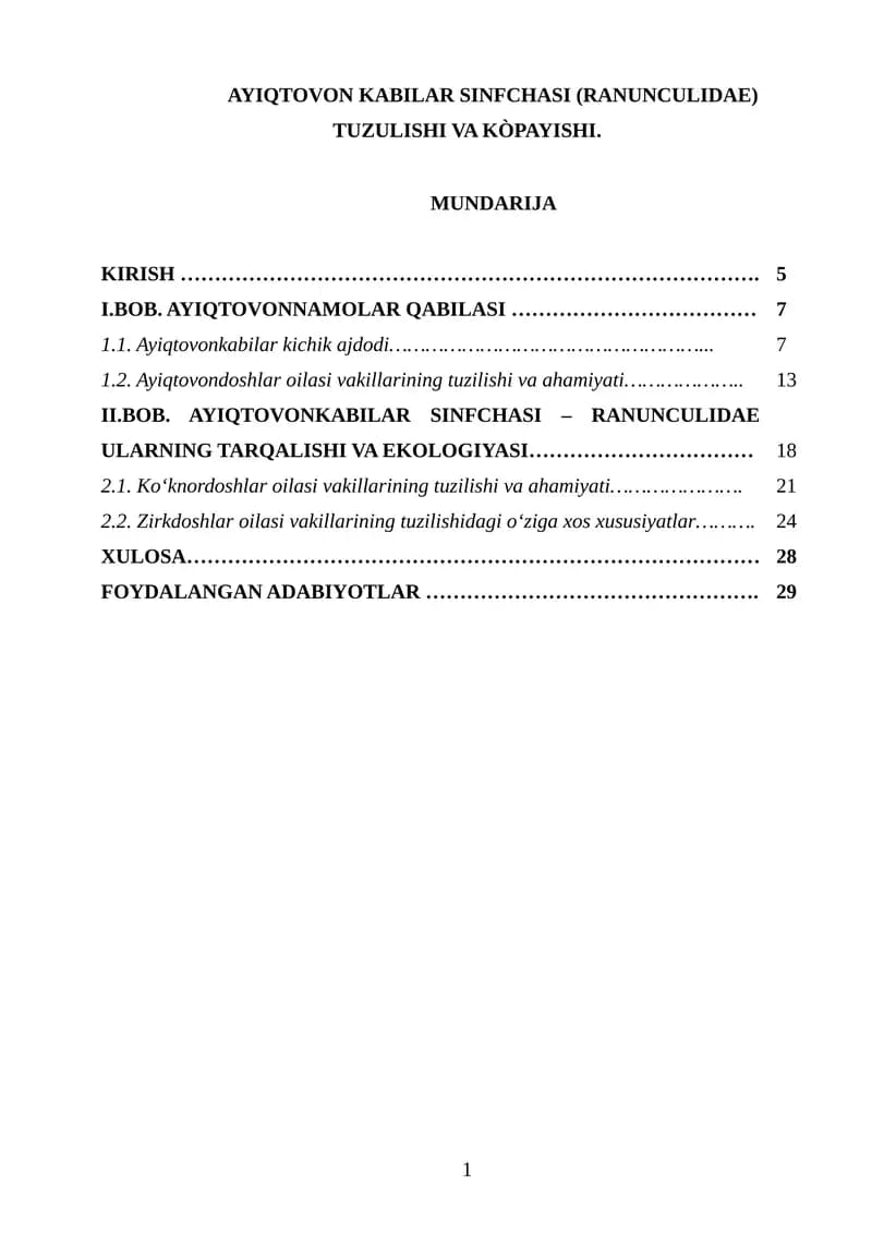 AYIQTOVON KABILAR SINFCHASI (RANUNCULIDAE) TUZULISHI VA KÒPAYISHI