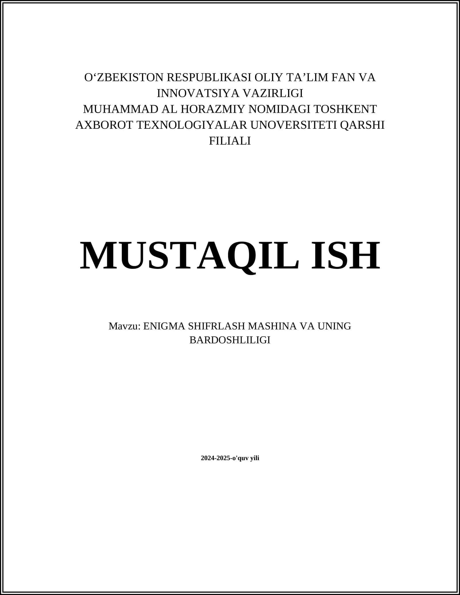 ENIGMA SHIFRLASH MASHINA VA UNING BARDOSHLILIGI