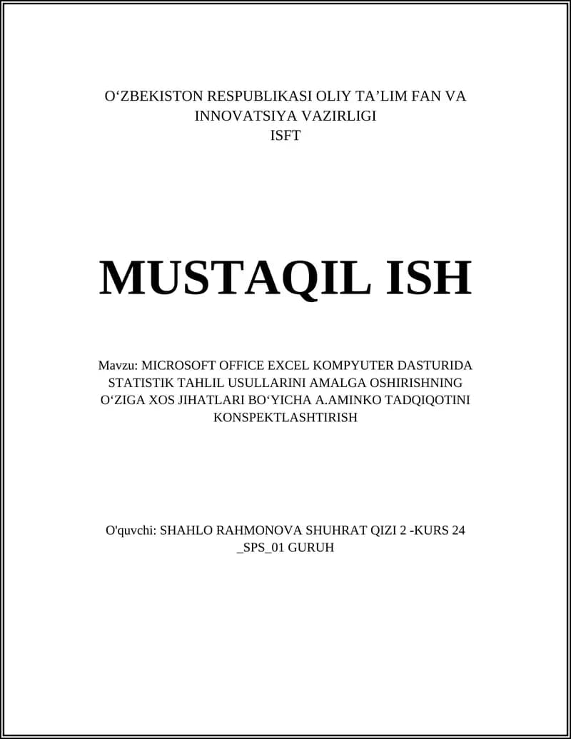 MICROSOFT OFFICE EXCEL KOMPYUTER DASTURIDA STATISTIK TAHLIL USULLARINI AMALGA OSHIRISHNING OʻZIGA XOS JIHATLARI BOʻYICHA A.AMINKO TADQIQOTINI KONSPEKTLASHTIRISH