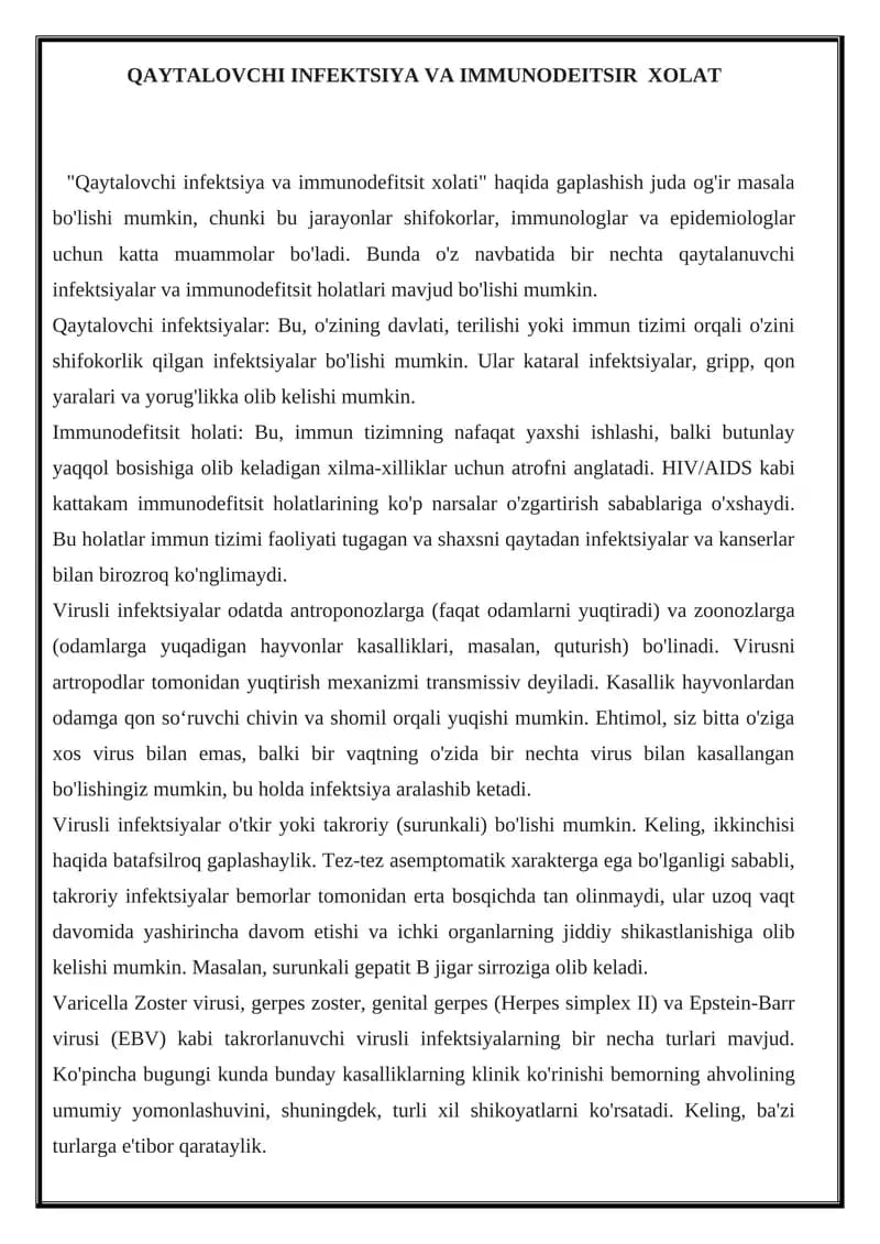 Qaytalovchi infektsiya va immunodefitsir xolat