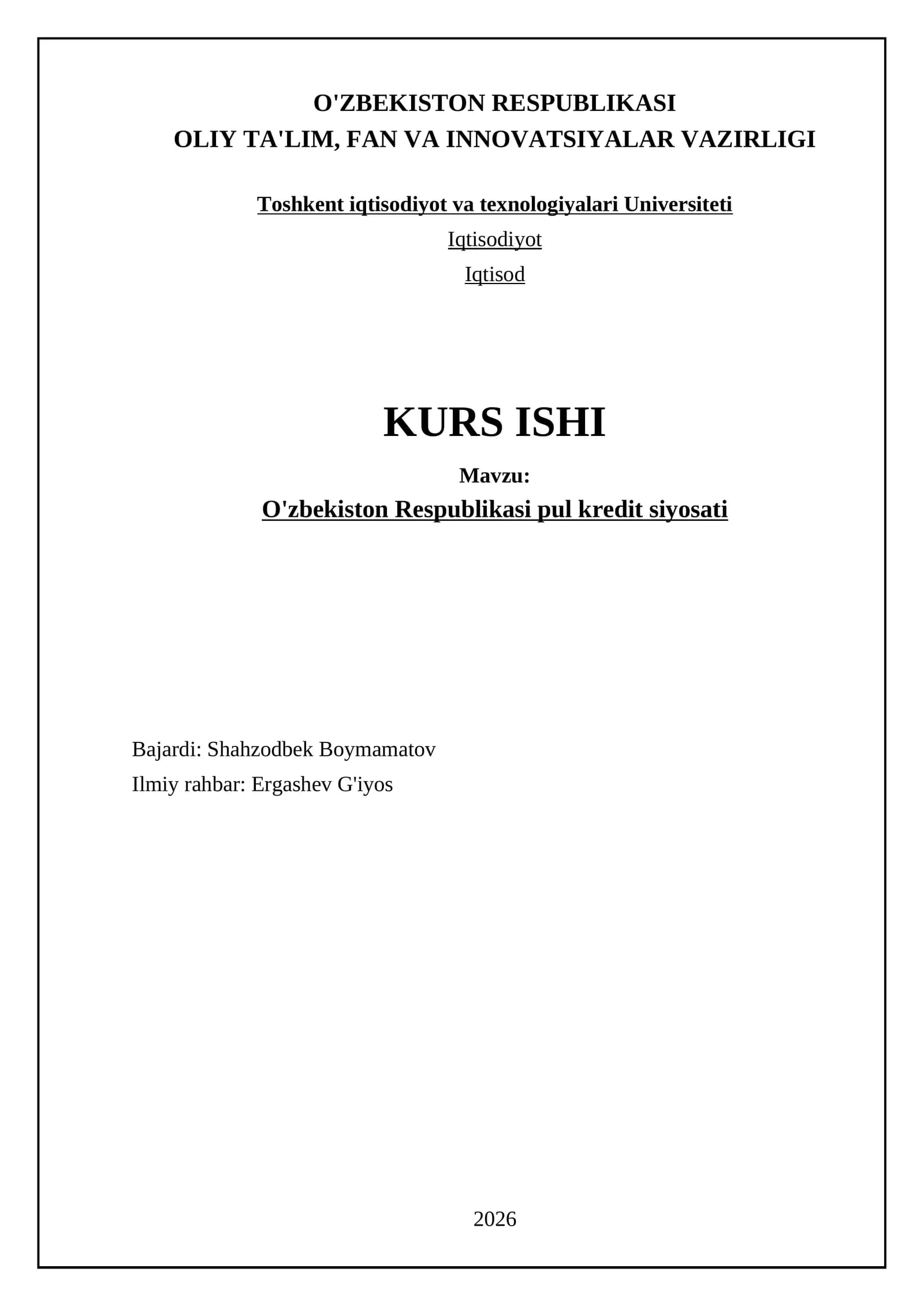 O'zbekiston Respublikasi pul kredit siyosati