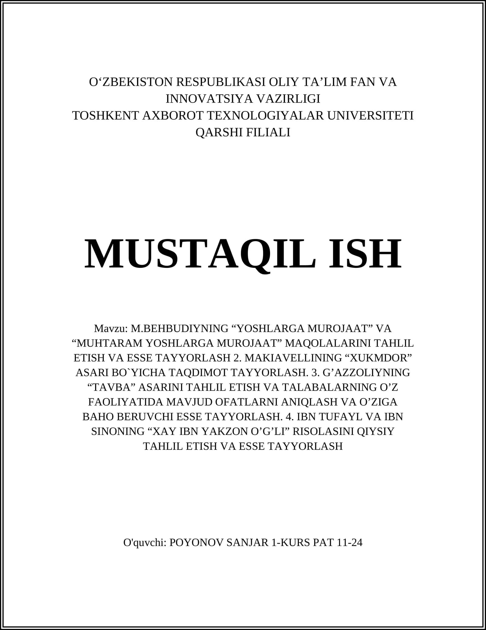 M.BEHBUDIYNING “YOSHLARGA MUROJAAT” VA “MUHTARAM YOSHLARGA MUROJAAT” MAQOLALARINI TAHLIL ETISH VA ESSE TAYYORLASH