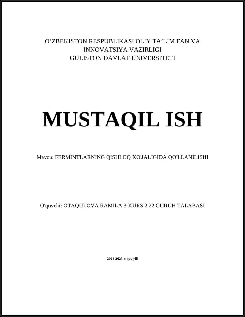 FERMINTLARNING QISHLOQ XO'JALIGIDA QO'LLANILISHI
