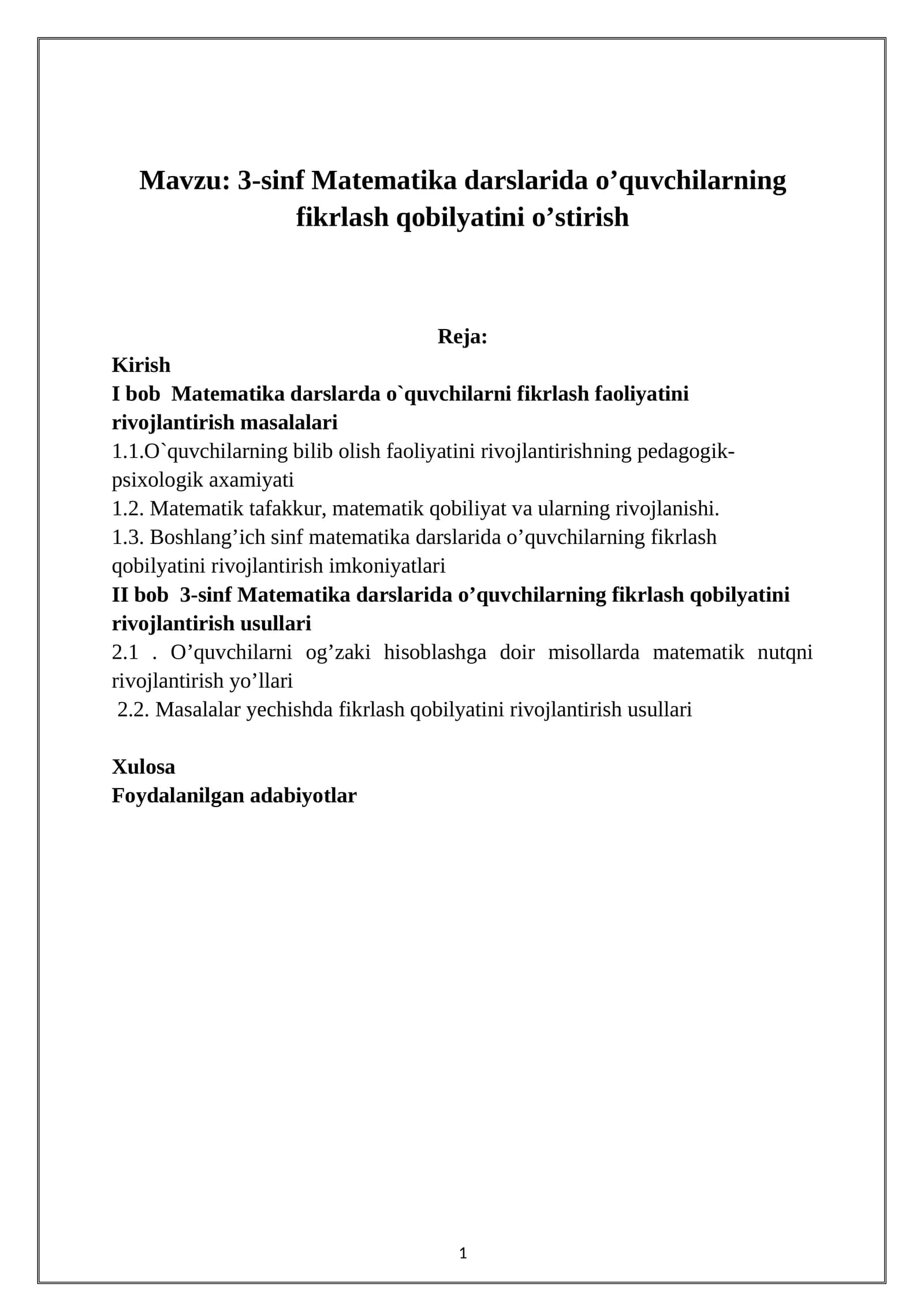 3-sinf Matematika darslarida o’quvchilarning fikrlash qobilyatini o’stirish