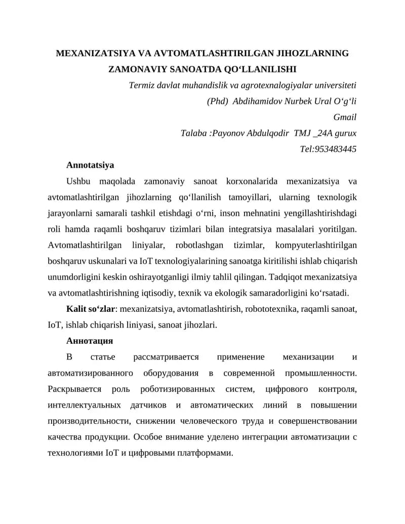 MEXANIZATSIYA VA AVTOMATLASHTIRILGAN JIHOZLARNING ZAMONAVIY SANOATDA QO‘LLANILISHI