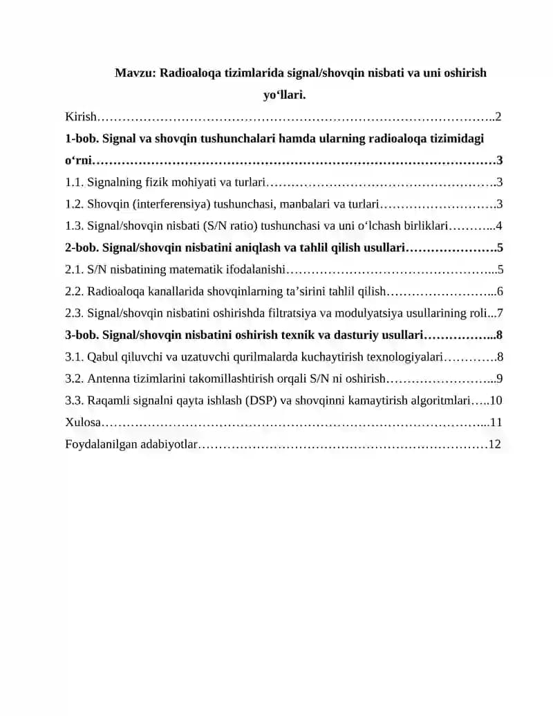 Radioaloqa tizimlarida signal shovqin nisbati