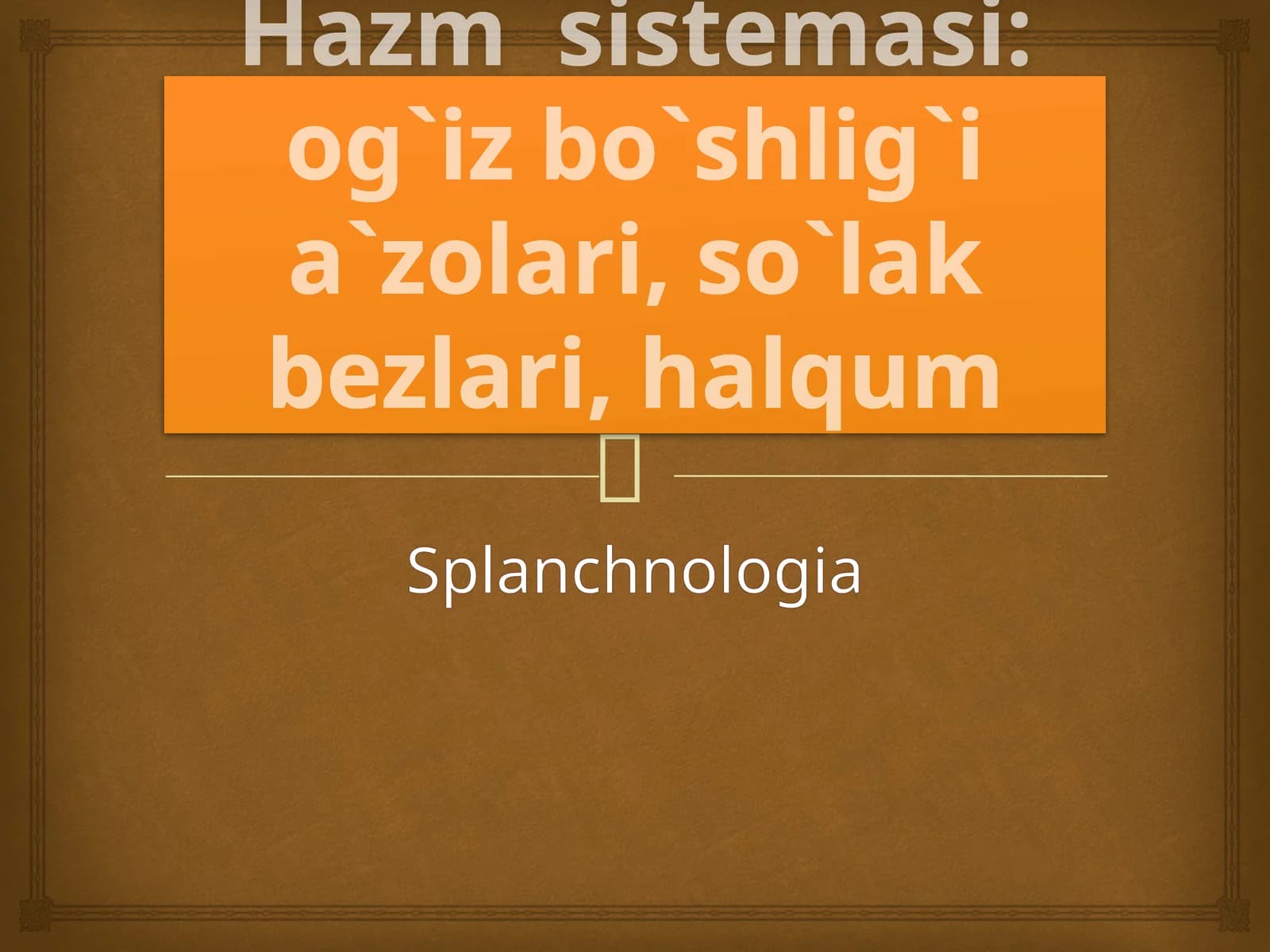 Hazm sistemasi: og`iz bo`shlig`i a`zolari, so`lak bezlari, halqum