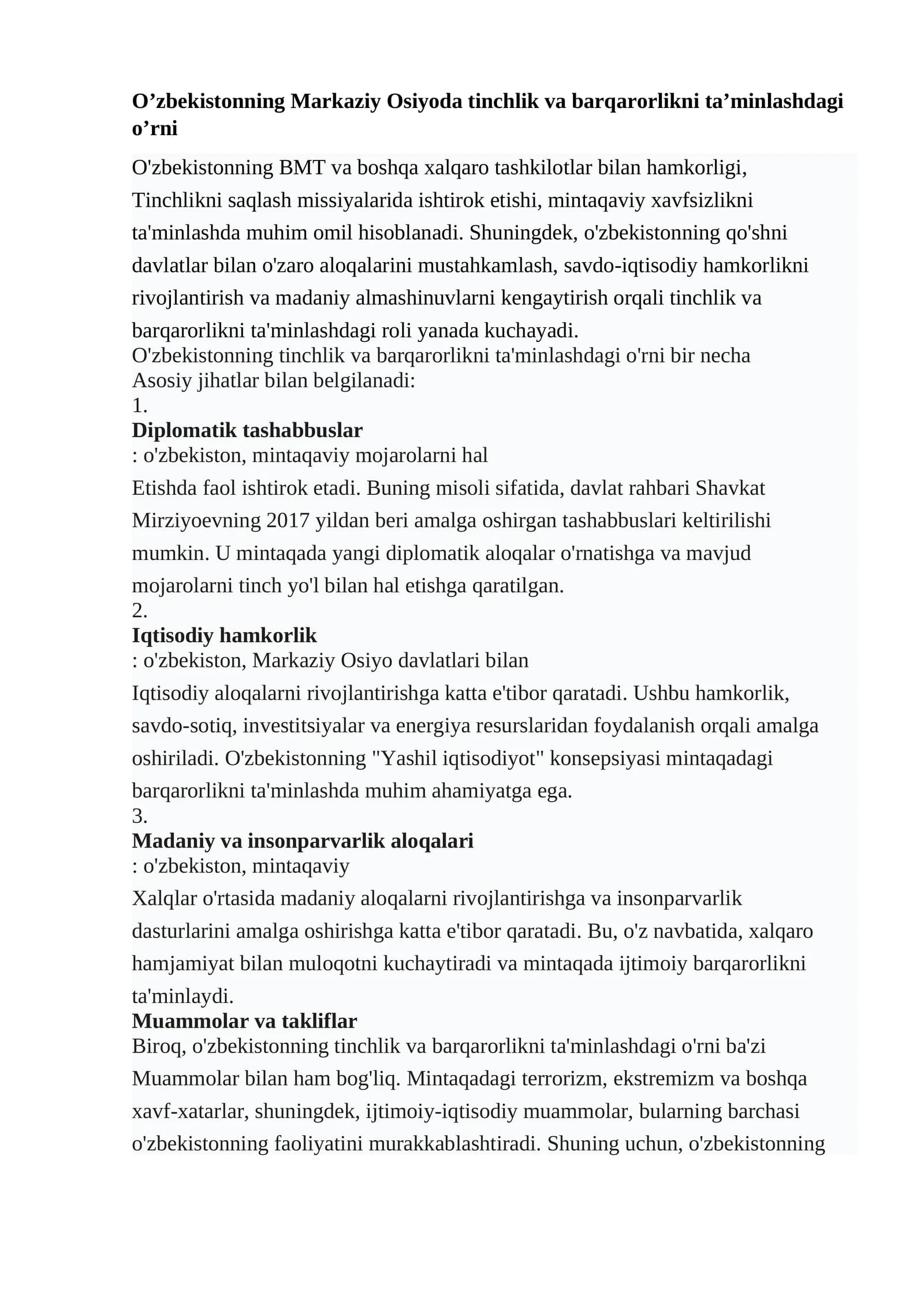 O’zbekistonning Markaziy Osiyoda tinchlik va barqarorlikni ta’minlashdagi o’rni