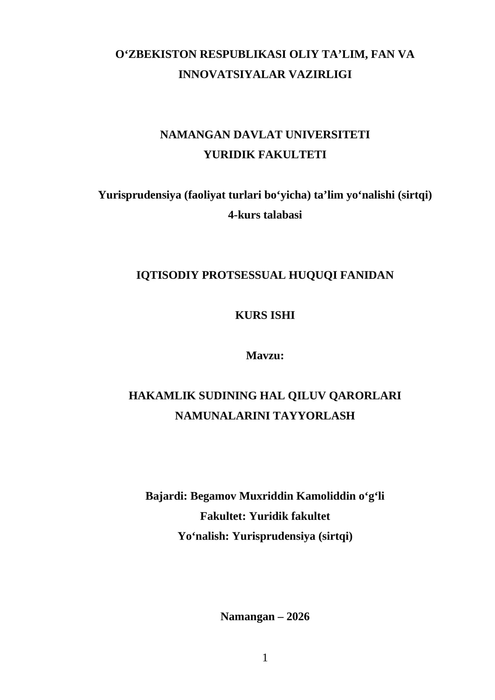 HAKAMLIK SUDINING HAL QILUV QARORLARI NAMUNALARINI TAYYORLASH