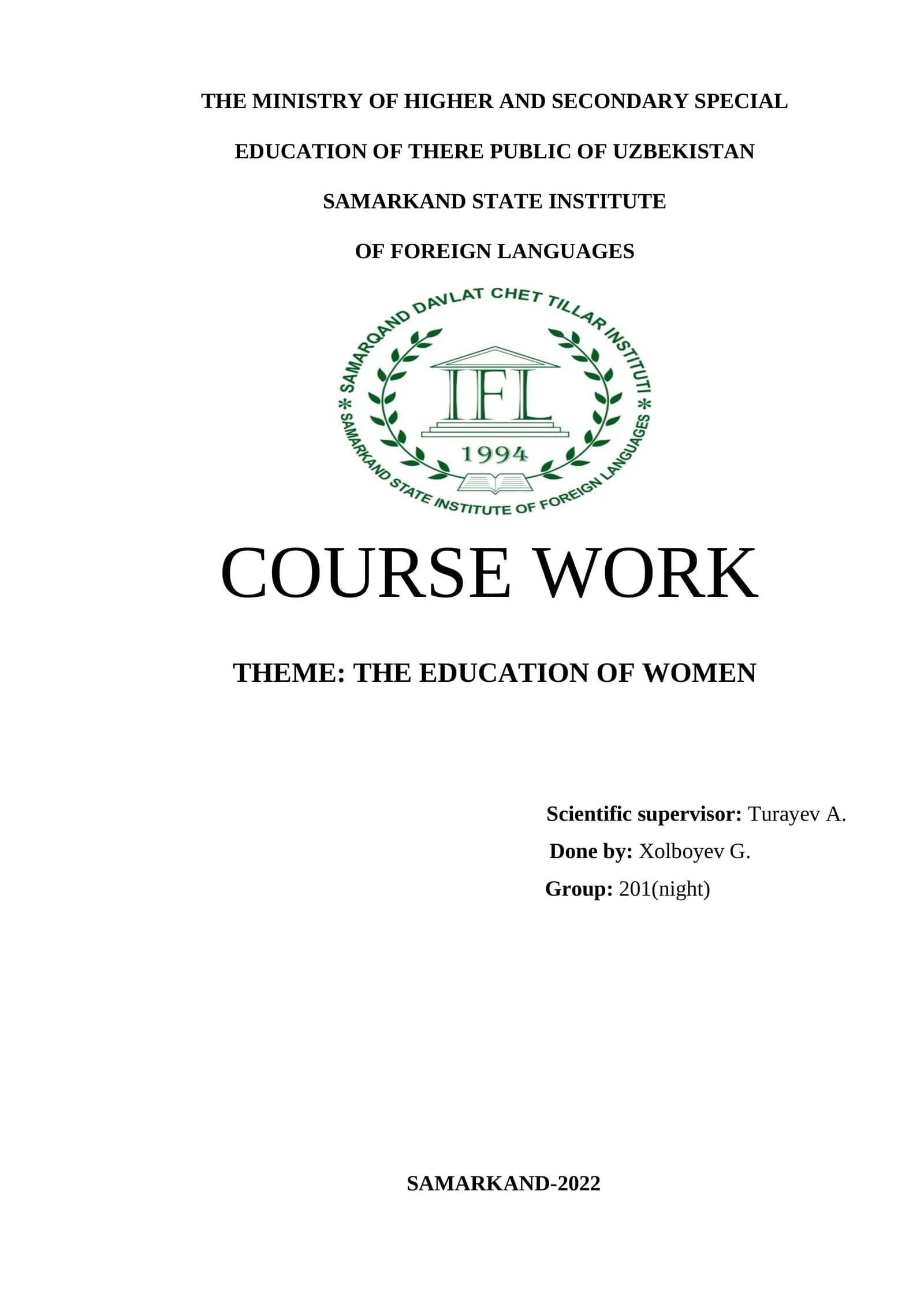 KURS ISHLARI: THE EDUCATION OF WOMEN