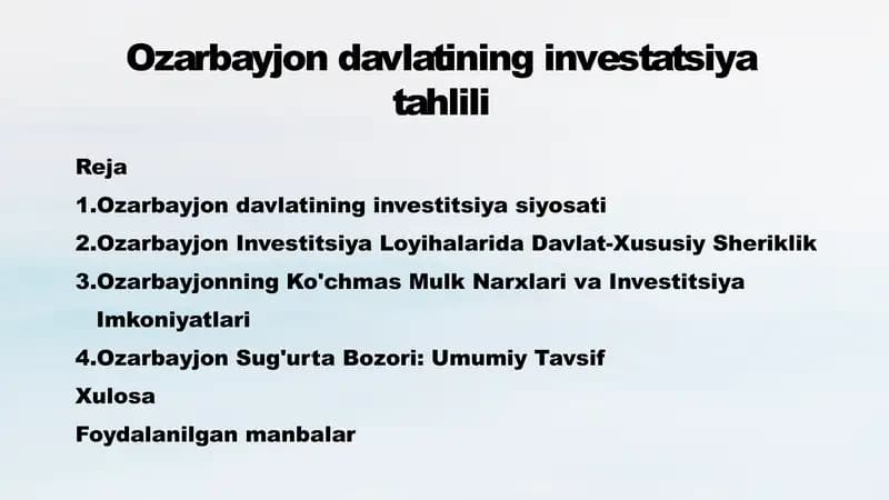 Ozarbayjonning Investitsiya Siyosati