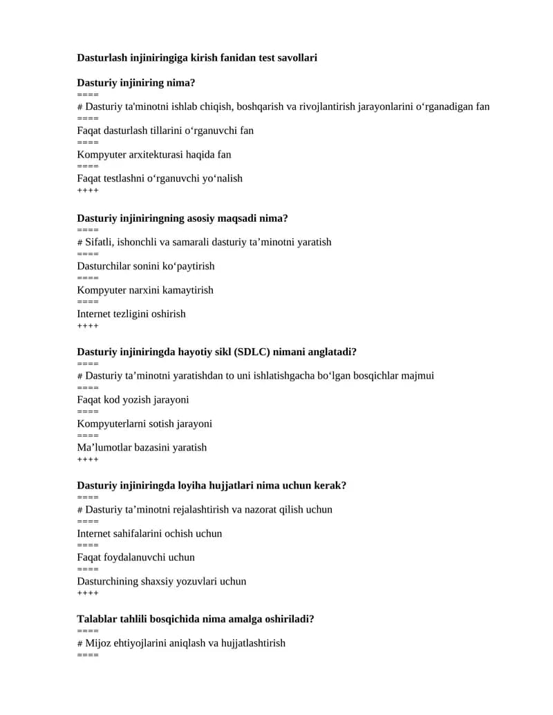 Dasturlash injiniringiga kirish fanidan test savollari