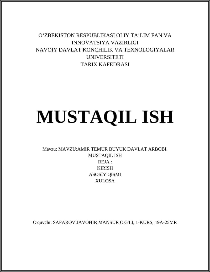 AMIR TEMUR BUYUK DAVLAT ARBOBI