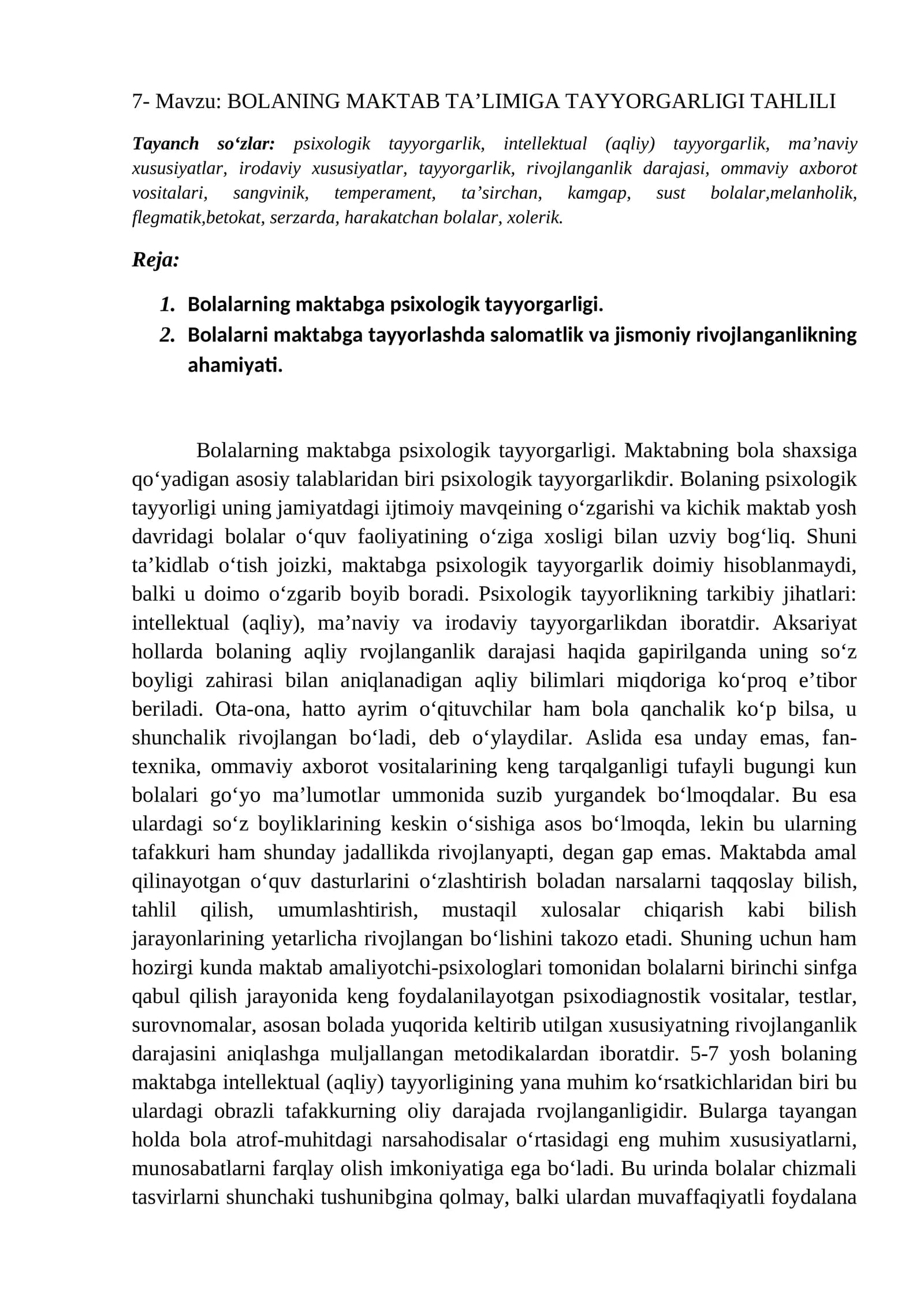 BOLANING MAKTAB TA’LIMIGA TAYYORGARLIGI TAHLILI