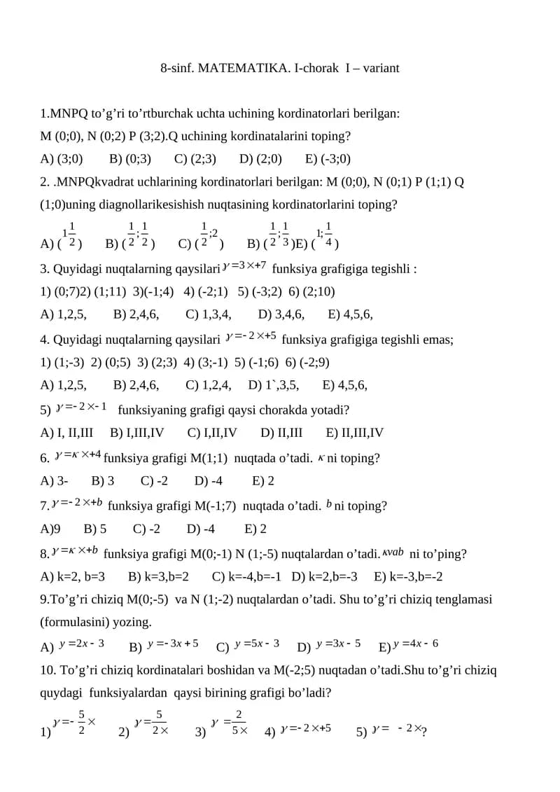 8-sinf. MATEMATIKA. I-chorak I – variant