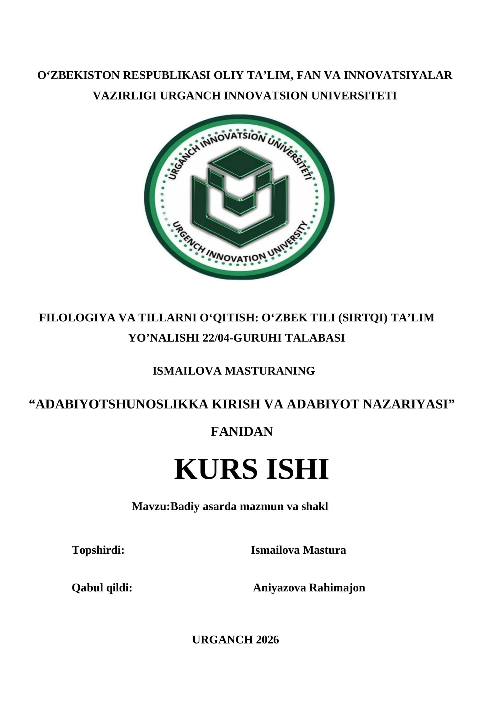 Badiy asarda mazmun va shakl